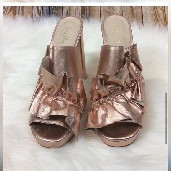 SHELLEYS LONDON DELPHINE RUFFLE CHUNK PLATFORM OPEN TOE ROSE GOLD MULES 7.5 - Picture 2 of 16
